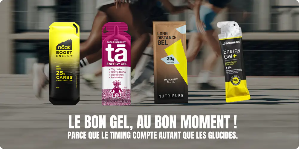 Les quatre gels énergétiques comparés : Näak BOOST Energy Gel 30, Tā Energy Gel, Nutripure Gel Long Distance et Decathlon Energy Gel+
